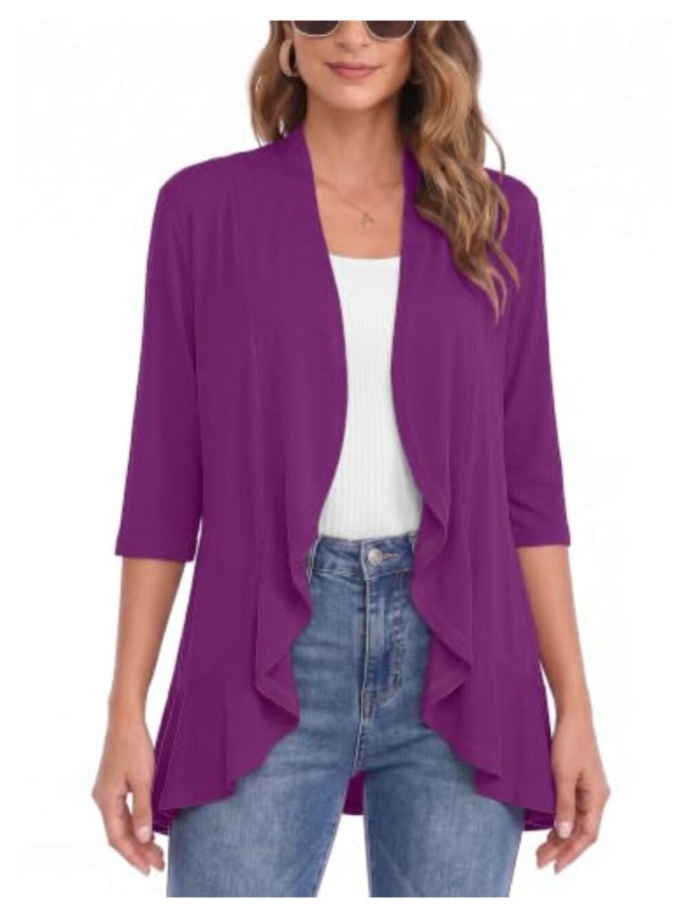 Lightweight Open Front 3/4 Sleeve Ruffle Hem Summer Cardigan for Women